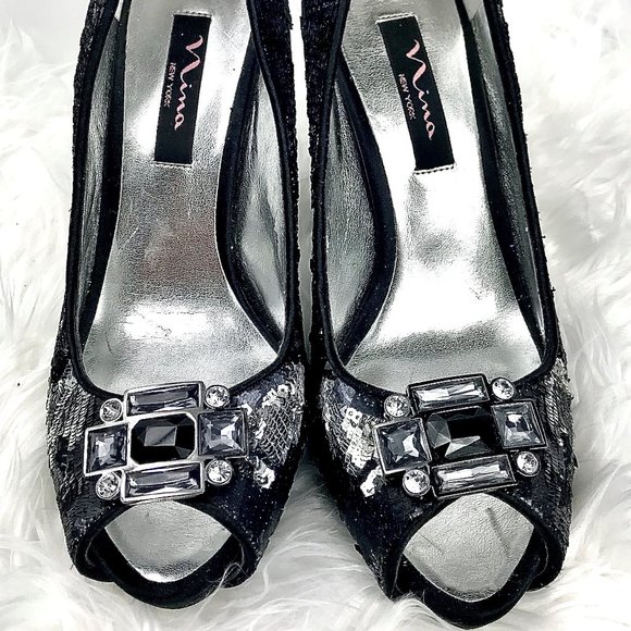 NINA Black/Silver Sequins Pumps w/Gems, Sz 8.5 - Picture 3 of 7